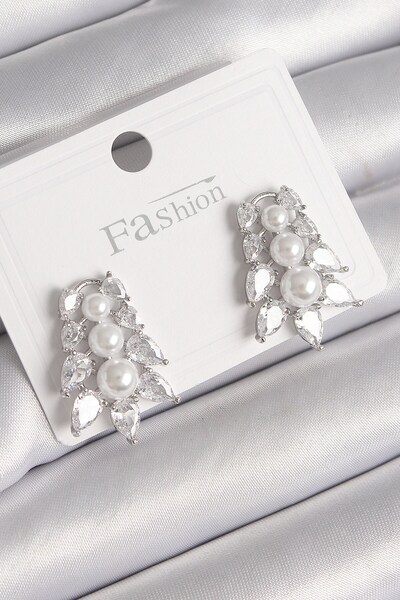 Inure Jewelry Brass Silver Color Zircon Stone Leaf Model Pearl Detail Women's...