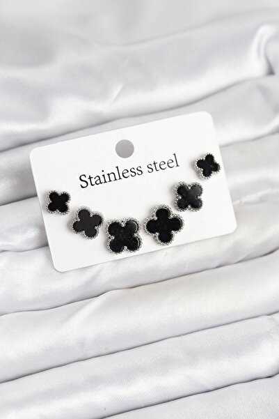 Inure Jewelry 316L Steel Silver Black Color 3 Sizes Clover Earrings Set