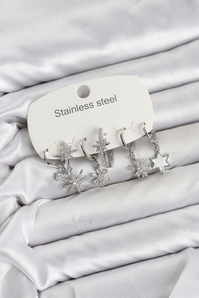 Inure Jewelry 316L Steel Silver Color Star Model Zircon Stone Women's Earring...