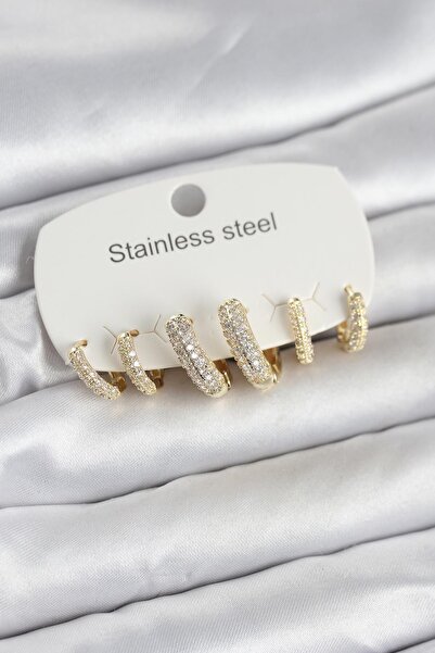 Inure Jewelry 316L Steel Gold Color Set of 6 Zircon Stone Hoop Model Women's ...