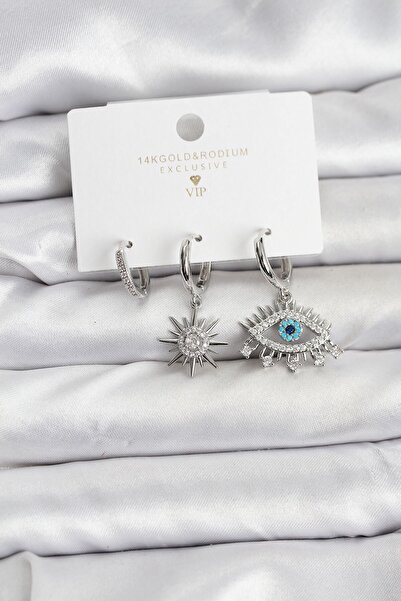 Inure Jewelry Göz Model Silver Color Brass 3-Piece Women's Earring Set