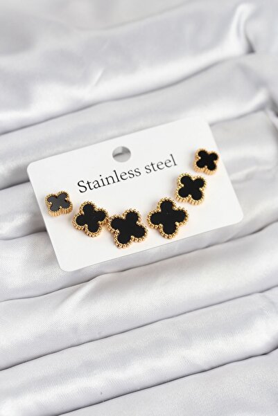 Inure Jewelry 316L Steel Gold Black Color 3 Size Clover Earring Set