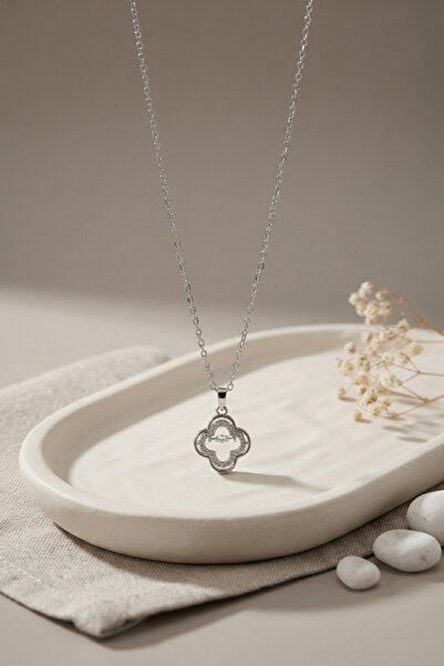 Inure Jewelry 316L Steel Chain Silver Color Zircon Stone Clover Model Necklace