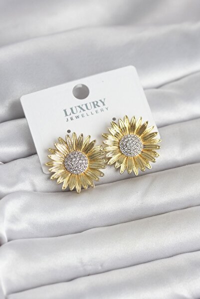 Inure Jewelry Papatya Model Zircon Stone Brass Gold Color Women's Earrings
