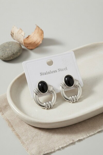 Inure Jewelry 316L Steel Silver Color Vintage Black Stone Earrings