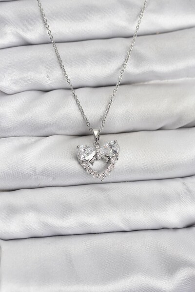 Inure Jewelry 316L Steel Chain Silver Color Heart and Bow Model Zircon Stone ...