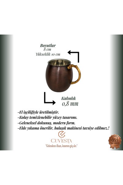Cuvesta كوب نحاسي كلاسيكي مصنوع يدويًا بلون أكسيد النحاس مقاس 8×10 سم