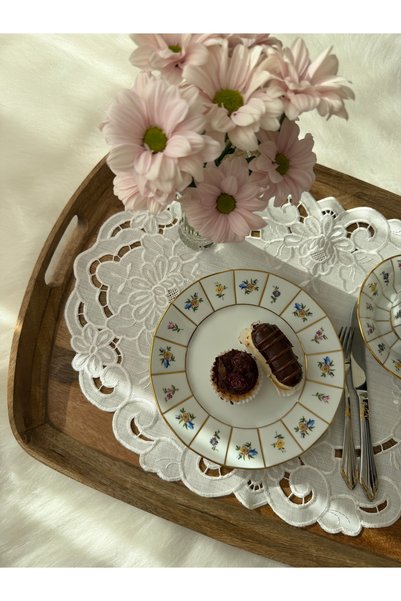 QBR Home 49X35Cm Embroidered Cut-Out Hole Tray Cover. Oval Peony Model