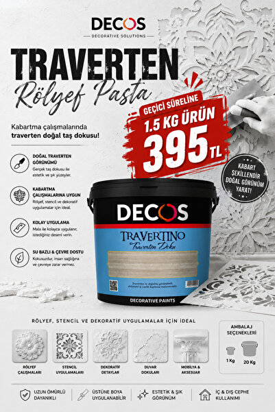 DECOS Travertino Rölyef Pasta 1,5 kg Beyaz – Traverten Efektli Kabartma, Sten...