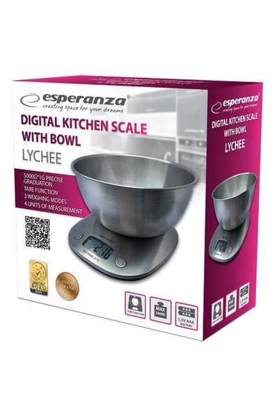 ESPERANZA Cantar de bucatarie electronic cu bol inox 2 litri EKS008 cantarire lichide si solide max. 5 kg, diviziune 1g, functie tare si zero, oprire automata