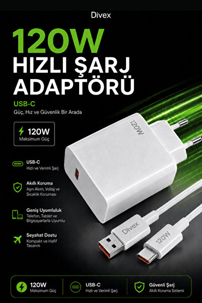 Divex 120W USB-C Hızlı Şarj Adaptörü ve Şarj Kablosu – Telefon, Tablet ve Lap...
