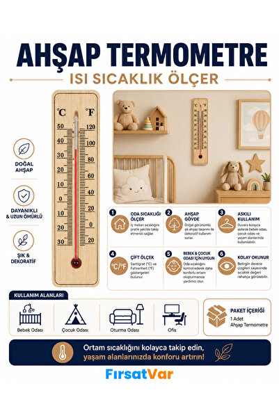 FırsatVar Ahşap Termometre Isı Sıcaklık Ölçer Bebek Çocuk Odası Askılı Oda Sı...