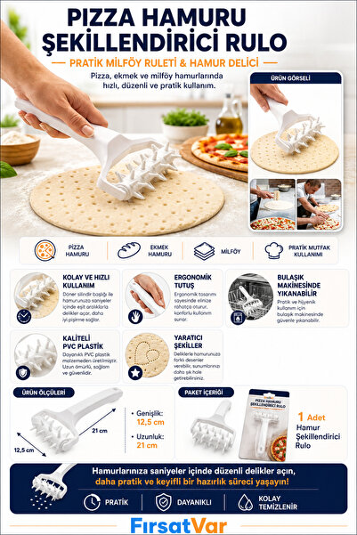 FırsatVar Pizza Hamuru Şekillendirici Rulo Pratik Milföy Ruleti Hamur Delici