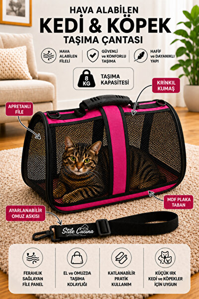 Stile Cucina Hava Alabilen Fileli Kedi ve Köpek Taşıma Çantası – , Katlanabil...