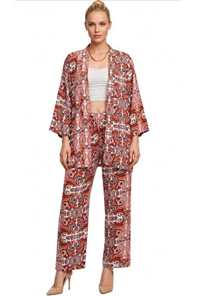 Freeista Kiremit Çiçek Desenli Kimono Gömlek ve Pantolon Takımı / Viskon İkil...
