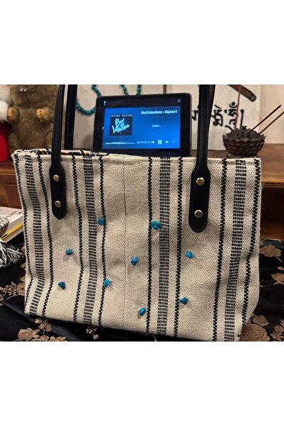 Generic Brand Handwoven Pure Wool Tote Bag with Natural Turquoise Stones