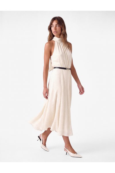 Koton Belted Halter Neck Tie Bow Polka Dot Sleeveless Midi Chiffon Dress