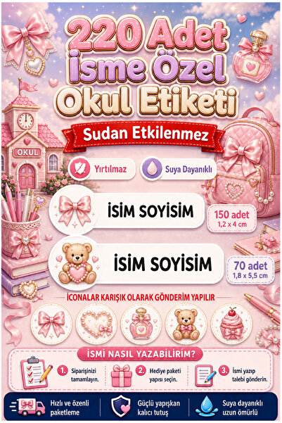 cabuk baskı Pembe Fiyonk Ayıcık Temalı Okul Etiketi 220 Adet Özel İsim Yazıla...