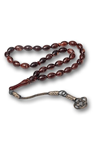 Inure Jewelry Silver Brown Kazaz Tassel-Adorned Crimped Amber Prayer Beads