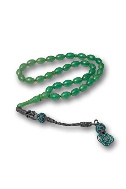 Inure Jewelry Silver Kazaz Tassel Green Crimped Amber Prayer Beads