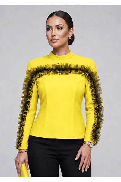 ROCMAY Di̇va Plus Size Lycra Flexible Fabric Organza Ruffled Blouse
