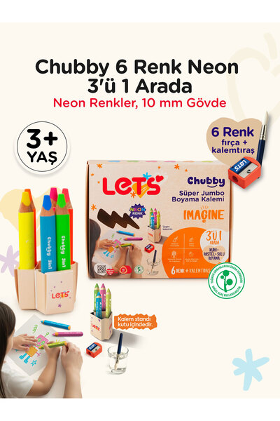 Lets Let’s Chubby Süper Jumbo Neon Boyama Kalemi 3’ü 1 Arada | 6 Renk