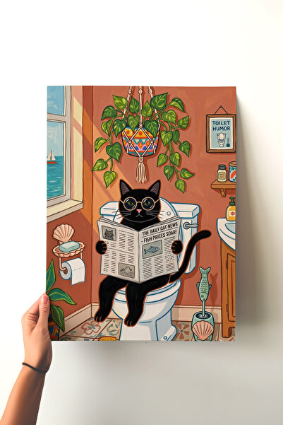 Pena Tablo Komik Banyo Tablosu - Çerçevesiz Klozette Gazeteli Kedi Duvar Deko...