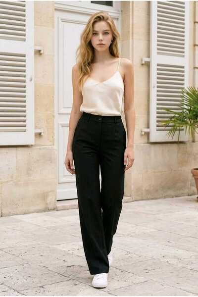 hies Flexible Palazzo Fabric Pants with Side Belt, Rubberized Buttons and Zip...