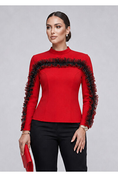 ROCMAY Di̇va Plus Size Lycra Flexible Fabric Organza Ruffled Blouse