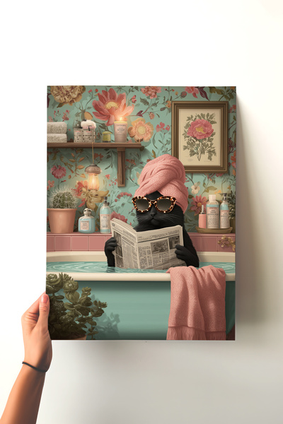 Pena Tablo Küvette Kedi Çerçevesiz Poster - Gazete Okuyan Kedi Banyo Dekoru