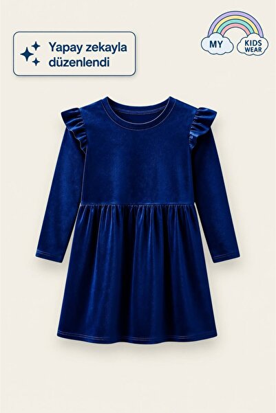 My Kids Wear Girls' Long Sleeve Ruffle Detail Velvet Dress 3-10 Years 12113