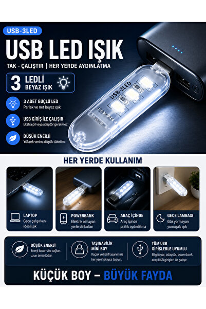 Folveit Taşınabilir Mini Usb Led Lamba 3 Led Beyaz 5730 Smd Kamp Stick Led