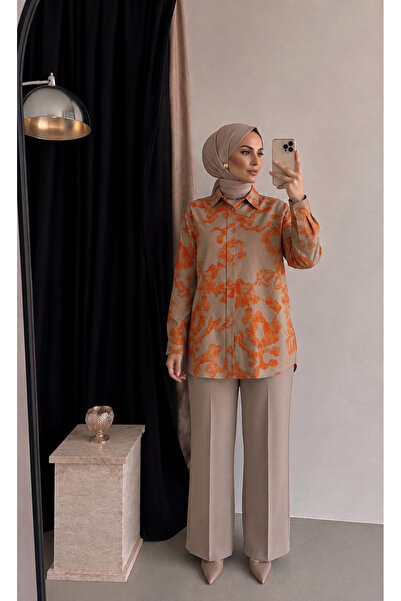 SheLoria Kadın Turuncu Desenli Midi Oversize Tesettür Modal Gömlek
