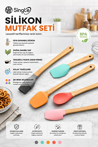 Single 5 Li Renkli Bambu Saplı Silikon Küçük Boy Spatula Seti