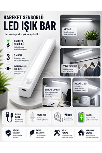 Unichrome Hareket Sensörlü Tüp Ledli Şarjlı Beyaz Led Auto Mod Dolap Içi, Kor...