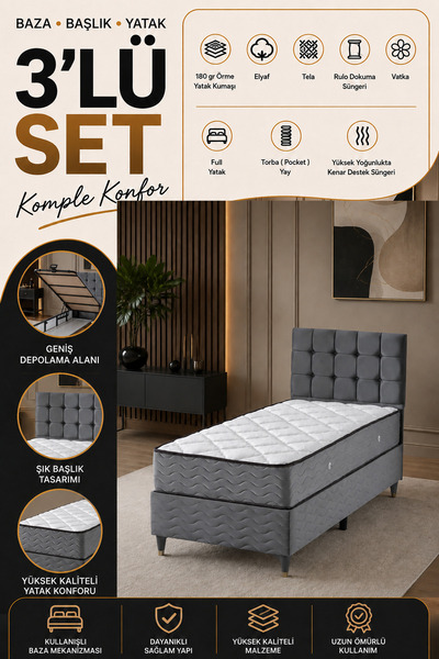 beehanem Bengü Baby Face Kumaş Başlık + Baza + Yatak Seti 100x200 Açık Gri Ge...