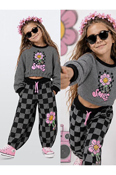Denokids Kız Çocuk Eşofman Takım Crop Sweatshirt - Damalı Bol Eşofman Altı Ov...