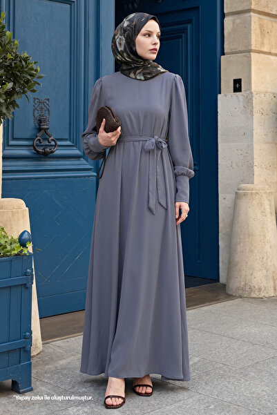InStyle Balloon Sleeve Plain Model Gray Dress