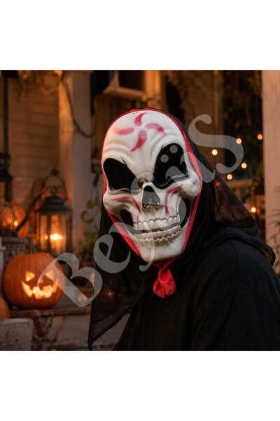 BeySüS Halloween Cadılar Bayramı Maske Kuru Kafa Kırmızı Siyah Tüllü Beyaz