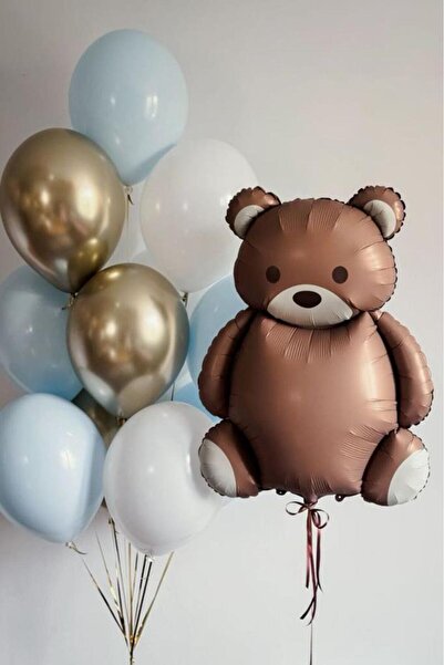 BeySüS Ayıcık Folyo Balon Seti Mavi Beyaz ve Gold Krom Balon 10 lu