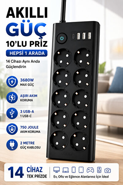 MATECHNO 10'lu 2MT Uzatma Kablolu Çoklu Priz Akım Korumalı Grup Uzatma Priz 3...