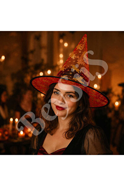 BeySüS Halloween Cadılar Bayramı Cadı Şapkası Kırmızı Gold Şeffaf Tüllü