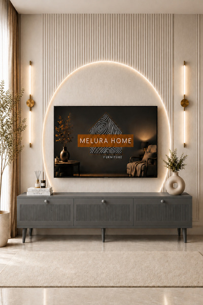 melura home Melura Tv Ünitesi 200 Cm Gri 3 Kapaklı %100 Mdf Lake Doğal Ahşap ...