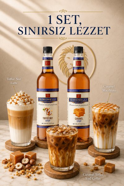 Simonelli Kahve ve Kokteyl Şurubu 2’li Set - Toffee Nut ve Karamel 700 ml (Pompa Hediyeli)