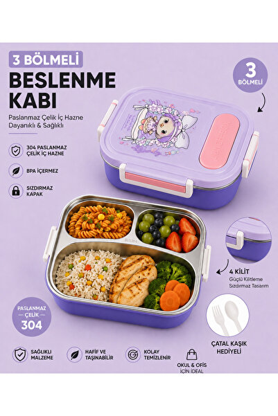 MUZEKO VİOLET 3 Bölmeli Paslanmaz Çelik Yemek Kabı Sızdırmaz Kapaklı, Taşınab...