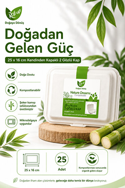 Roll-Up Doğa Dostu Kompostlanabilir Şeker Kamışı 2 Gözlü Kendinden Kapaklı Te...