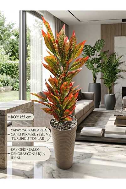 Yapay Kroton Çiçeği 155 cm- bej- vizyon Saksılı Alacalı Yapraklı ev-ofis-Salon Bitkisi