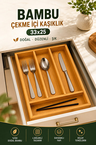 House Bird Bamboo Pull-Out Spoon Holder 33X25 cm 4-Compartment Kitchen Drawer...