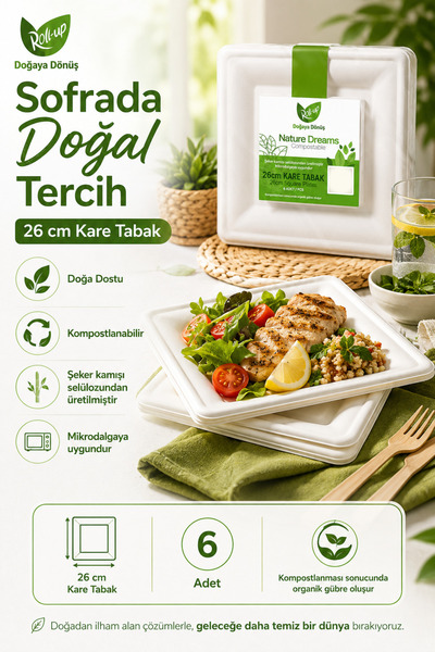 Roll-Up Doğaya Dönüşümlü Kare Karton Tabak 26cm 6lı