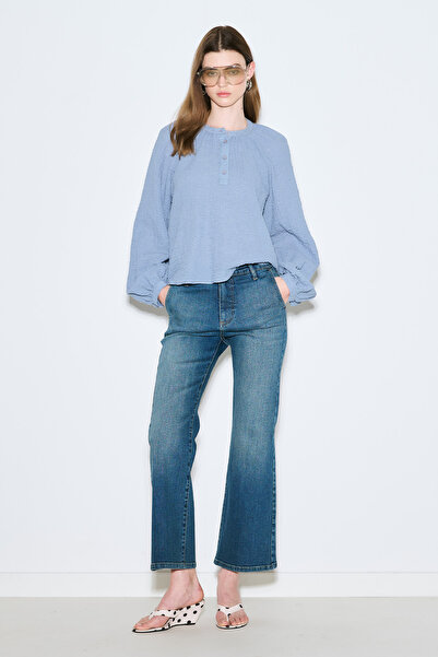 Manuka Textured Collar Buttoned Bluz Blue
